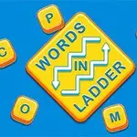 Gul diamantformad platta med texten WORDS IN LADDER omgiven av lösa bokstavsplattor på en blå bakgrund