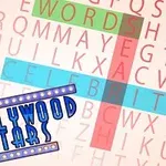 Bokstäver bildar orden WORDSEARCH CELEBRITY i ett korsordsmönster med texten HOLLYWOOD STARS i blått och vitt