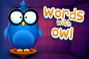 En blå tecknad uggla med glasögon står mot en lila bakgrund med texten Words with Owl bredvid sig