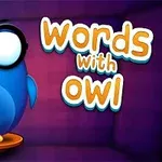 En blå tecknad uggla med glasögon står mot en lila bakgrund med texten Words with Owl bredvid sig