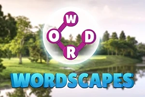 Texten WORDSCAPES i blått med en nätverksdesign av bokstäverna W, O, R, D ovanför, mot en bakgrund av naturskön miljö med träd och vatten