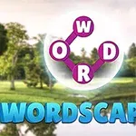 Texten WORDSCAPES i blått med en nätverksdesign av bokstäverna W, O, R, D ovanför, mot en bakgrund av naturskön miljö med träd och vatten