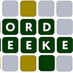 Bilden visar ordet WORD SEEKER skrivet i vita blockbokstäver på en bakgrund av mörkgröna, grå och olivgröna rutor