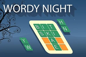 Bokstäver arrangerade i ett rutnät med ordet WORDY NIGHT ovanför mot en nattlig himmel med slingrande grenar till vänster