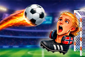 En flammande fotboll flyger mot en blond målvakt med norska flaggor på axlarna framför ett mål på en upplyst stadion