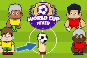 Illustration av fyra tecknade fotbollsspelare med olika hudtoner på en fotbollsplan, en boll i mitten och texten World Cup Fever ovanför