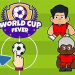 Illustration av fyra tecknade fotbollsspelare med olika hudtoner på en fotbollsplan, en boll i mitten och texten World Cup Fever ovanför
