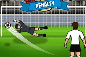 En tecknad målvakt dyker för att rädda en fotboll på väg mot målet, medan en spelare i vit tröja står i förgrunden