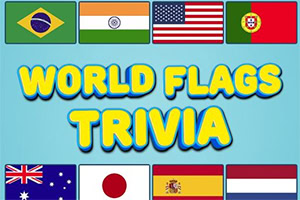 Flaggor från olika länder runt texten World Flags Trivia mot en blå bakgrund