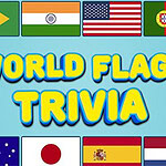World Flags Trivia Flaggor frÄn olika lÀnder runt texten World Flags Trivia mot en blÄ bakgrund