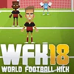 Två tecknade fotbollsspelare i rött och svart står framför ett mål med en målvakt, och en annan spelare står redo att sparka bollen