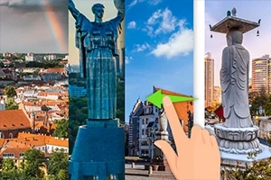Fyra bilder av olika monument och statyer från olika städer, med en hand som pekar på en av dem