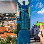 Fyra bilder av olika monument och statyer från olika städer, med en hand som pekar på en av dem