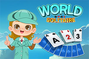 Tecknad figur i detektivkläder bredvid spelkort med texten World Solitaire mot en himmelblå bakgrund