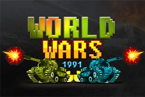 Texten World Wars 1991 i pixelstil med en grön och en blå stridsvagn som avfyrar skott