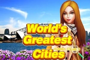 Ung kvinna med långt hår framför en skyline och bro, med texten Worlds Greatest Cities och blommor i förgrunden