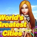 Ung kvinna med långt hår framför en skyline och bro, med texten Worlds Greatest Cities och blommor i förgrunden
