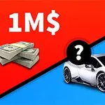 1 miljon dollar i sedelbuntar bredvid en vit sportbil åtskilda av en diagonallinje med ett frågetecken i mitten