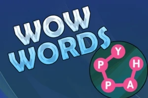 Texten WOW WORDS syns tillsammans med ett pussel av bokstäverna P, Y, P, H, A i en cirkelformation mot en blå bakgrund