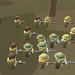 Ritade soldater i formation med gevär bredvid ett grönt militärfordon