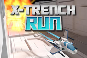 Ett rymdskepp som flyger genom en trench med en explosion i bakgrunden och texten X-Trench Run ovanför