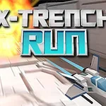 Ett rymdskepp som flyger genom en trench med en explosion i bakgrunden och texten X-Trench Run ovanför