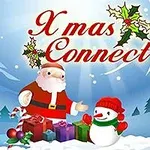Tomte och snögubbe står tillsammans framför en rad julklappar i ett snöigt vinterlandskap med texten Xmas Connect ovanför