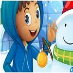 En tecknad pojke i blå hoodie vinkar bredvid en snögubbe med röd luva och grön halsduk i ett snöigt vinterlandskap