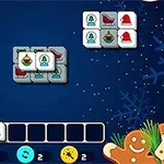 Ett spelgränssnitt med färgglada ikoner, inklusive bjällror och stövlar, mot en blå bakgrund dekorerad med pepparkakor och festliga mönster