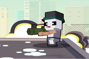 En pixelkonstfigur i en hatt håller i ett grönt vapen på ett tak med en stad i bakgrunden