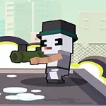 En pixelkonstfigur i en hatt håller i ett grönt vapen på ett tak med en stad i bakgrunden