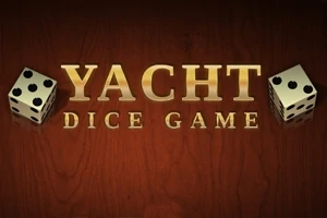 Gyllene texten Yacht Dice Game med två tärningar mot en träbakgrund