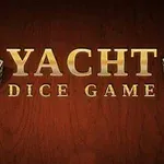 Gyllene texten Yacht Dice Game med två tärningar mot en träbakgrund