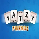 Texten Yatzy Friends visas med en glad tärning och ett poängblad i bakgrunden