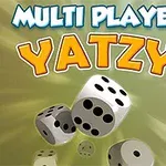 Vit bakgrund med fyra svarta tärningar och texten MULTI PLAYER YATZY i blått och orange