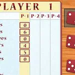 Poängkort med tärningar och resultat för en spelare på ett träbord