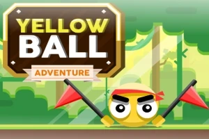 Gul boll med röda flaggor i en tecknad skogsmiljö med en skylt som visar texten Yellow Ball Adventure