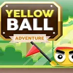 Gul boll med röda flaggor i en tecknad skogsmiljö med en skylt som visar texten Yellow Ball Adventure