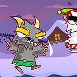 Två tecknade figurer med horn och juldräkter står på en isig yta med snötäckta hus och berg i bakgrunden