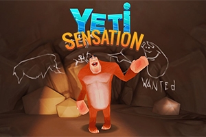 En tecknad Yeti står i en grotta med klotter på väggarna och texten Yeti Sensation ovanför honom