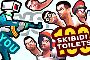Tecknad bild av en robot med ett gevär möter flera mäns huvuden och texten Skibidi Toilets 100