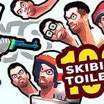 Tecknad bild av en robot med ett gevär möter flera mäns huvuden och texten Skibidi Toilets 100