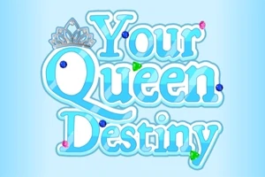 Texten Your Queen Destiny i blått med en krona ovanför bokstaven Q och glittriga juveler runt omkring mot en ljusblå bakgrund