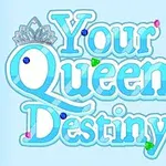 Texten Your Queen Destiny i blått med en krona ovanför bokstaven Q och glittriga juveler runt omkring mot en ljusblå bakgrund