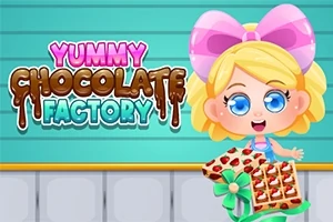 Tecknad flicka med stor rosett håller en chokladlåda framför en bakgrund med texten Yummy Chocolate Factory