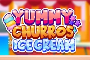 Färgglad text som säger Yummy Churros Ice Cream med bakgrund av en glass och stjärnor