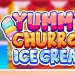 Färgglad text som säger Yummy Churros Ice Cream med bakgrund av en glass och stjärnor