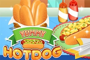 Tecknad bild av en stor hotdog med senap och ketchup, omgiven av flera delikata hotdogs och flaskor med senap och ketchup