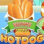 Tecknad bild av en stor hotdog med senap och ketchup, omgiven av flera delikata hotdogs och flaskor med senap och ketchup
