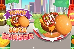 En tecknad superburger med sallad, tomat, lök och såser på ett bord, omgiven av ketchupflaskor och en stadssilhuett i bakgrunden